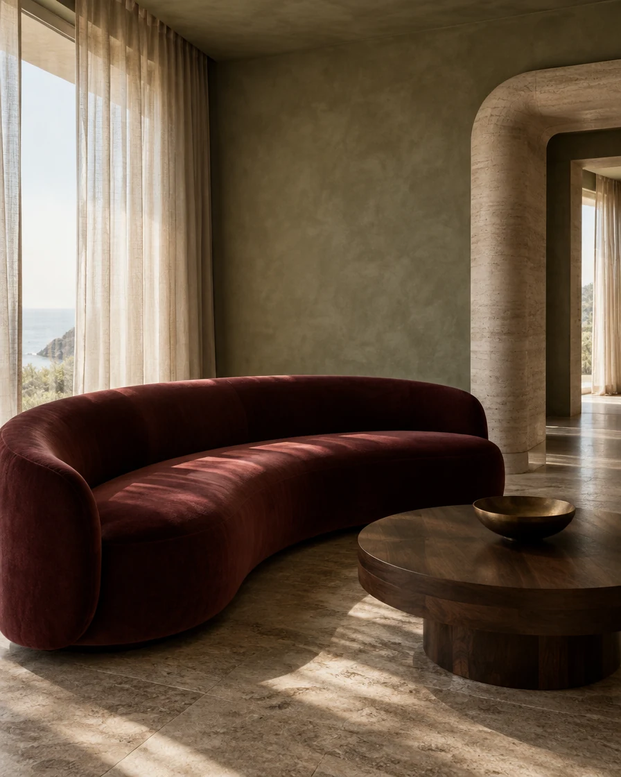 Imagined olive-green salon with a curved burgundy sofa and pale stone doorway