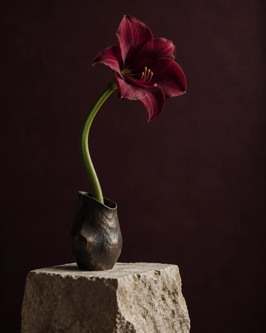 Burgundy flower in a bronze vessel on a limestone plinth against a dark background