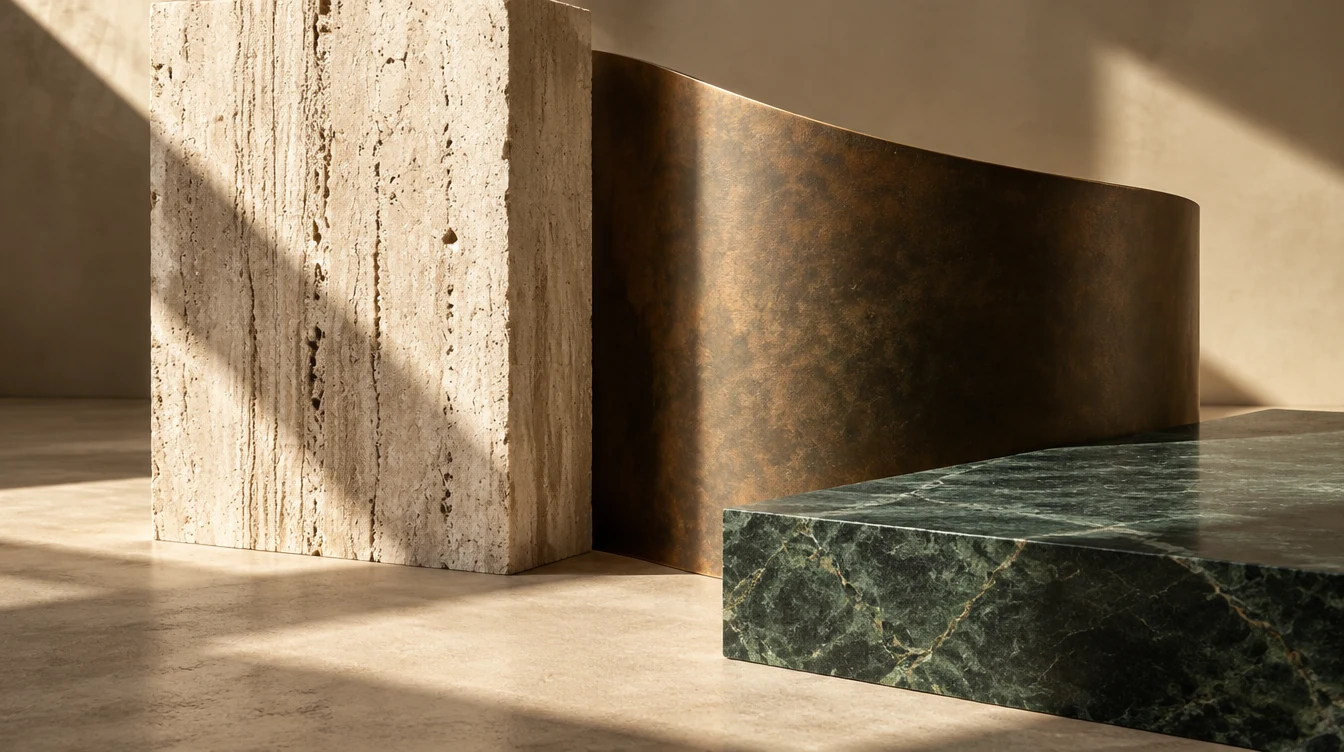 Sculptural arrangement of pale stone, patinated bronze and deep green stone