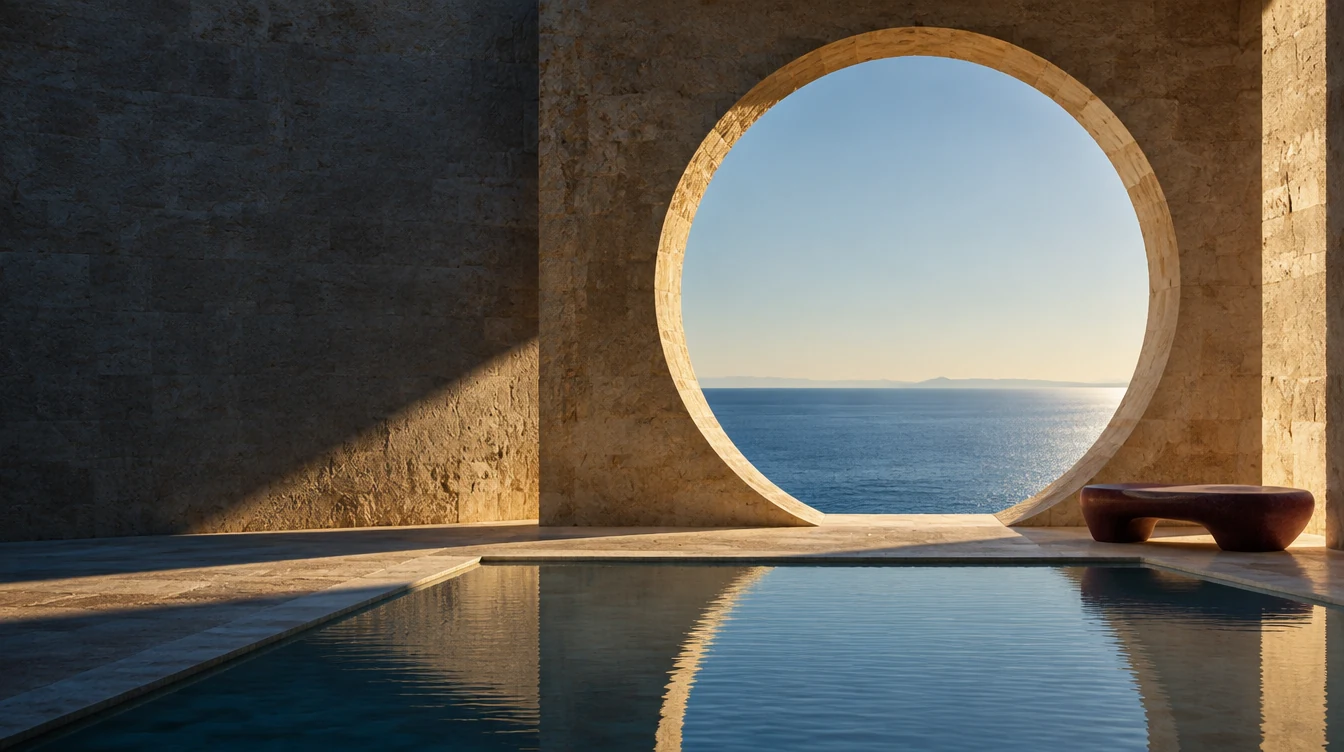 Imagined limestone pavilion with a circular sea opening and a reflecting pool