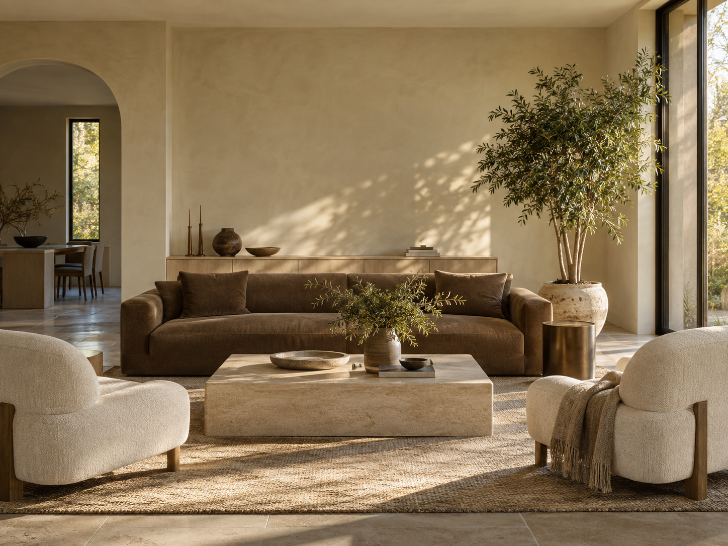 AI-generated interior concept with warm timber, soft seating and daylight